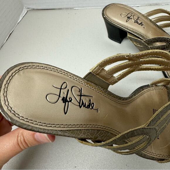 Life Stride Bronze Faux Leather Strappy Mule Heels Womens 7 Kitten Heel Y2K 90s - Picture 3 of 7